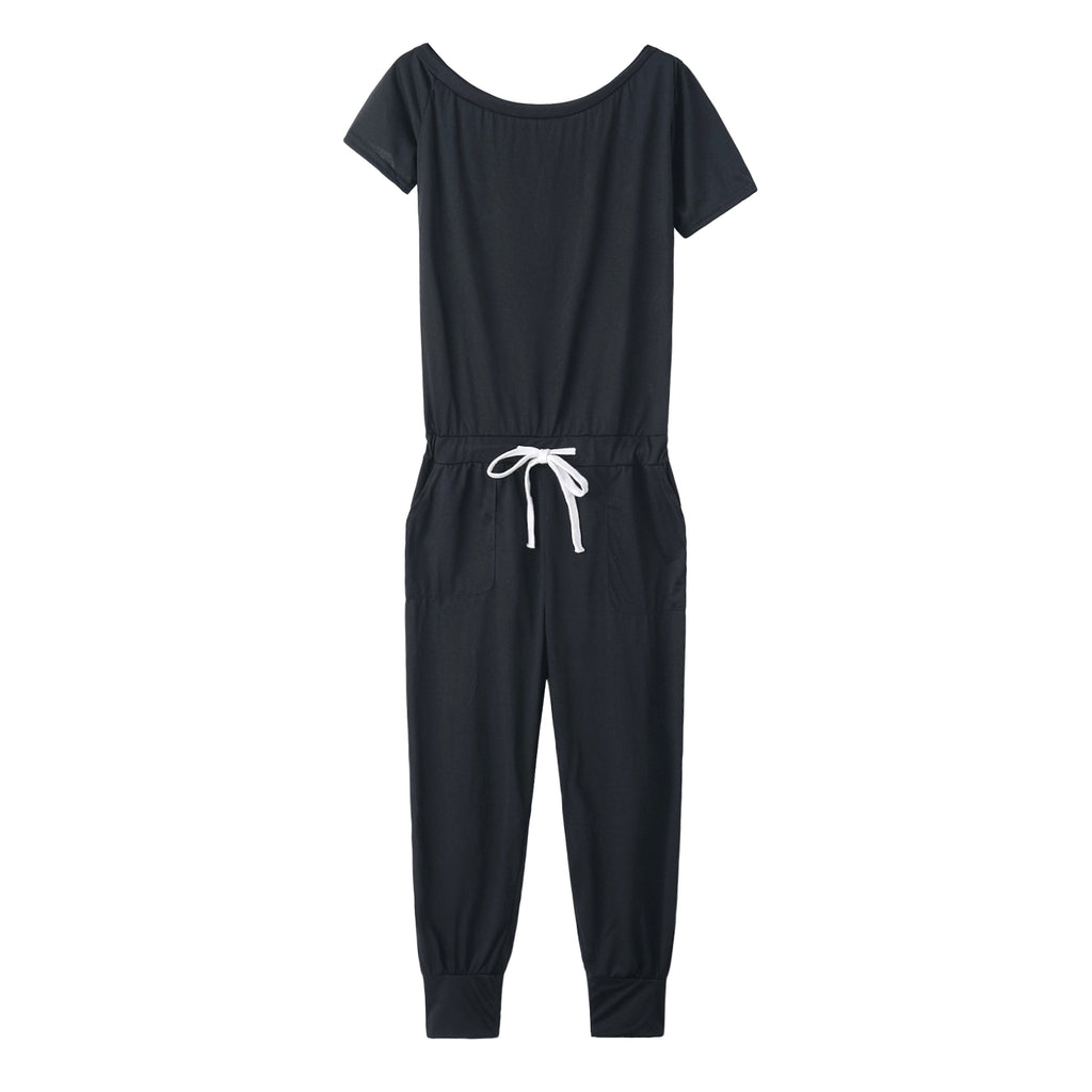 Women's Off-the-shoulder Short-sleeved Pocket Lace-up Shoulder Jumpsuit - enhanced image 14