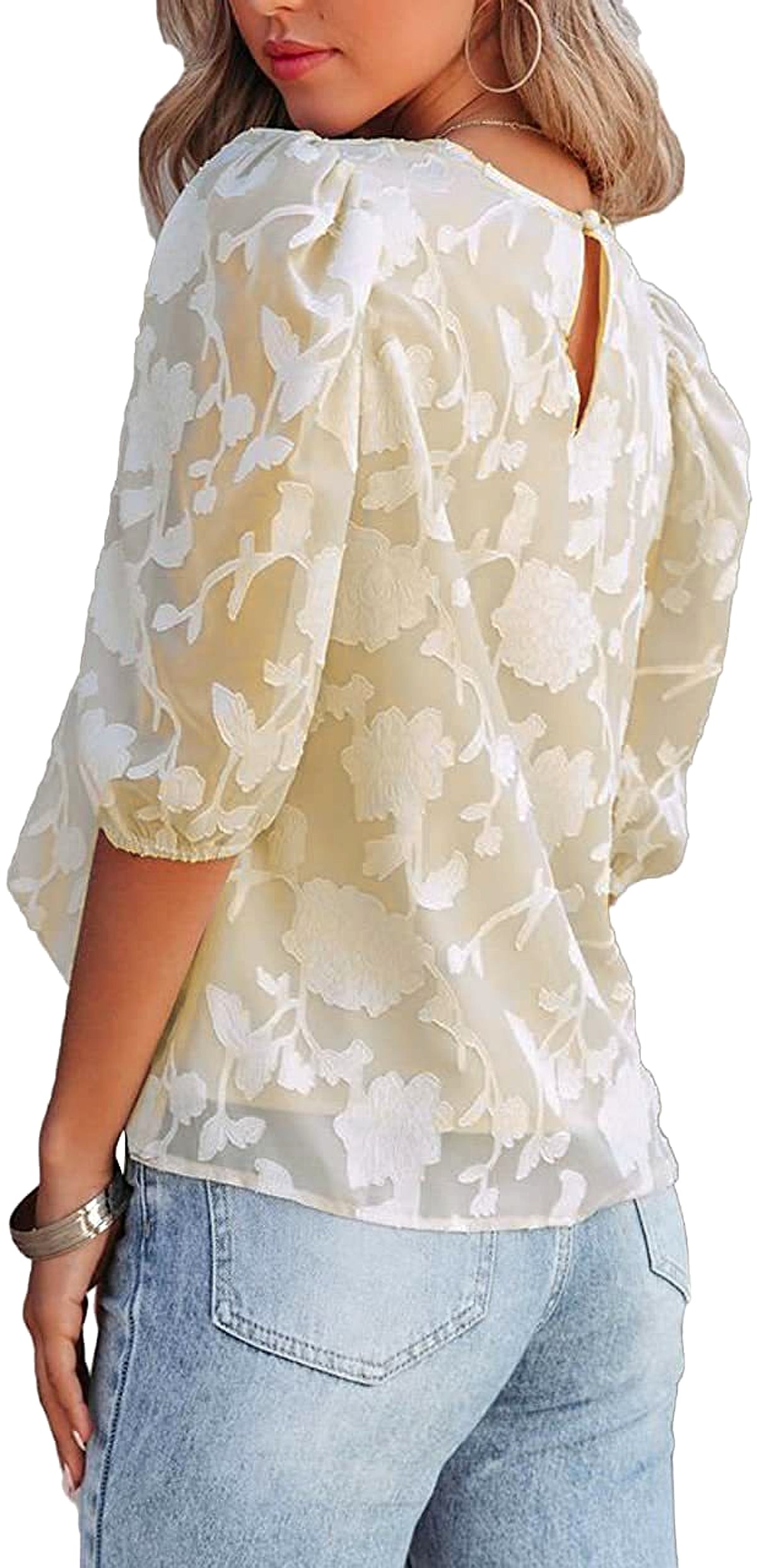 Women's Puff Sleeve Chiffon Loose Top Flower Texture T-Shirt - enhanced image 14