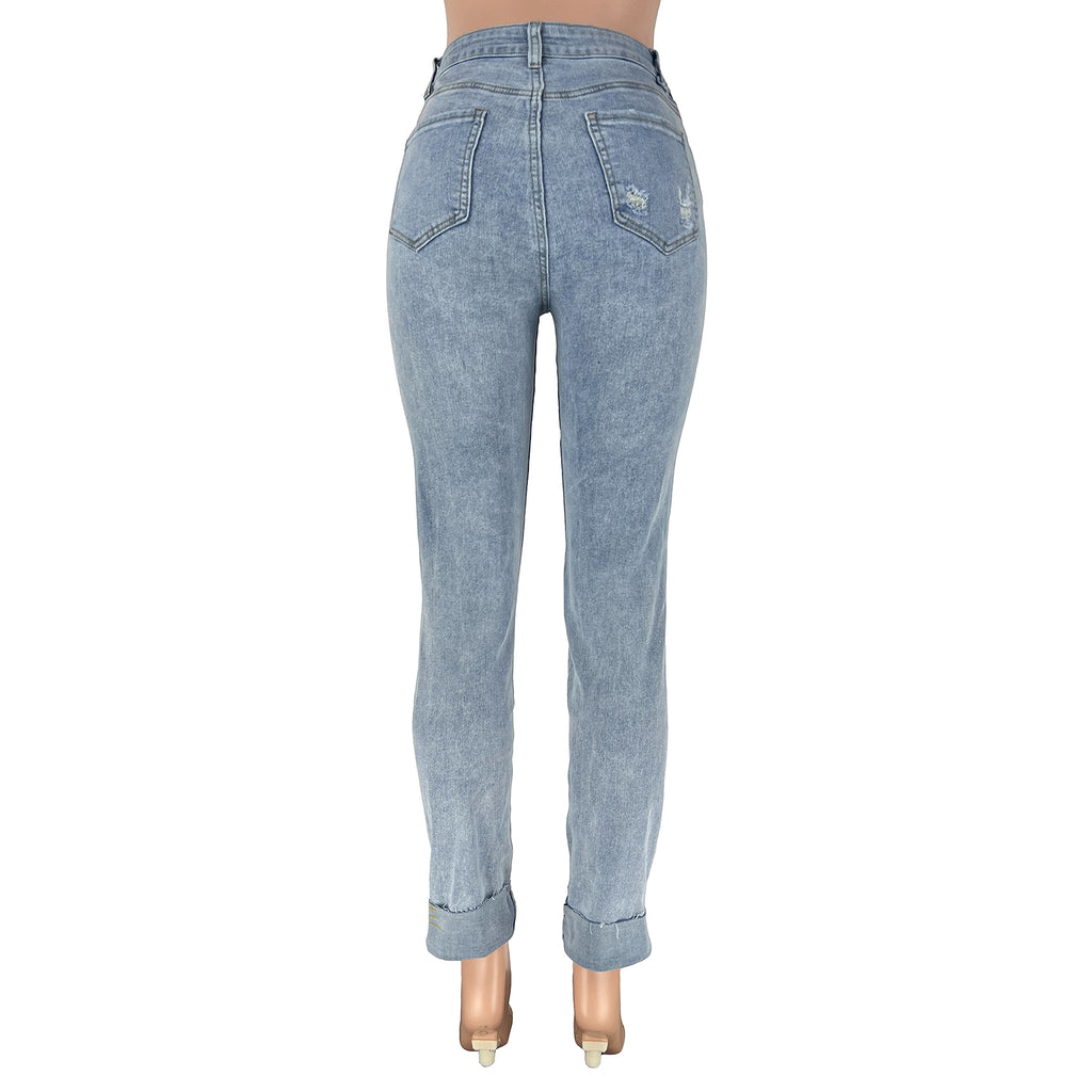Women's Ripped Diagonal Buckle Stretch Jeans - enhanced image 14