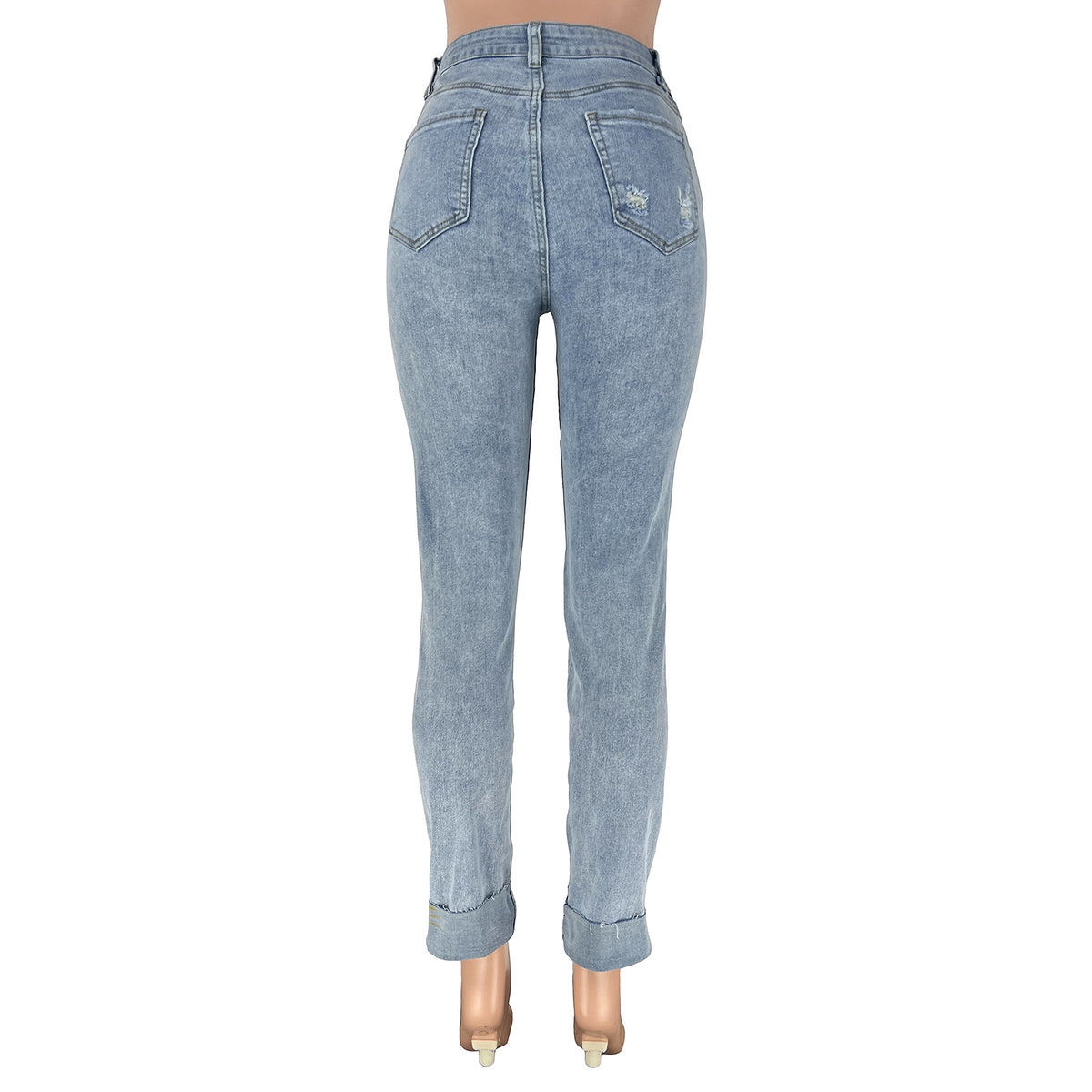 Women's Ripped Diagonal Buckle Stretch Jeans - enhanced image 14