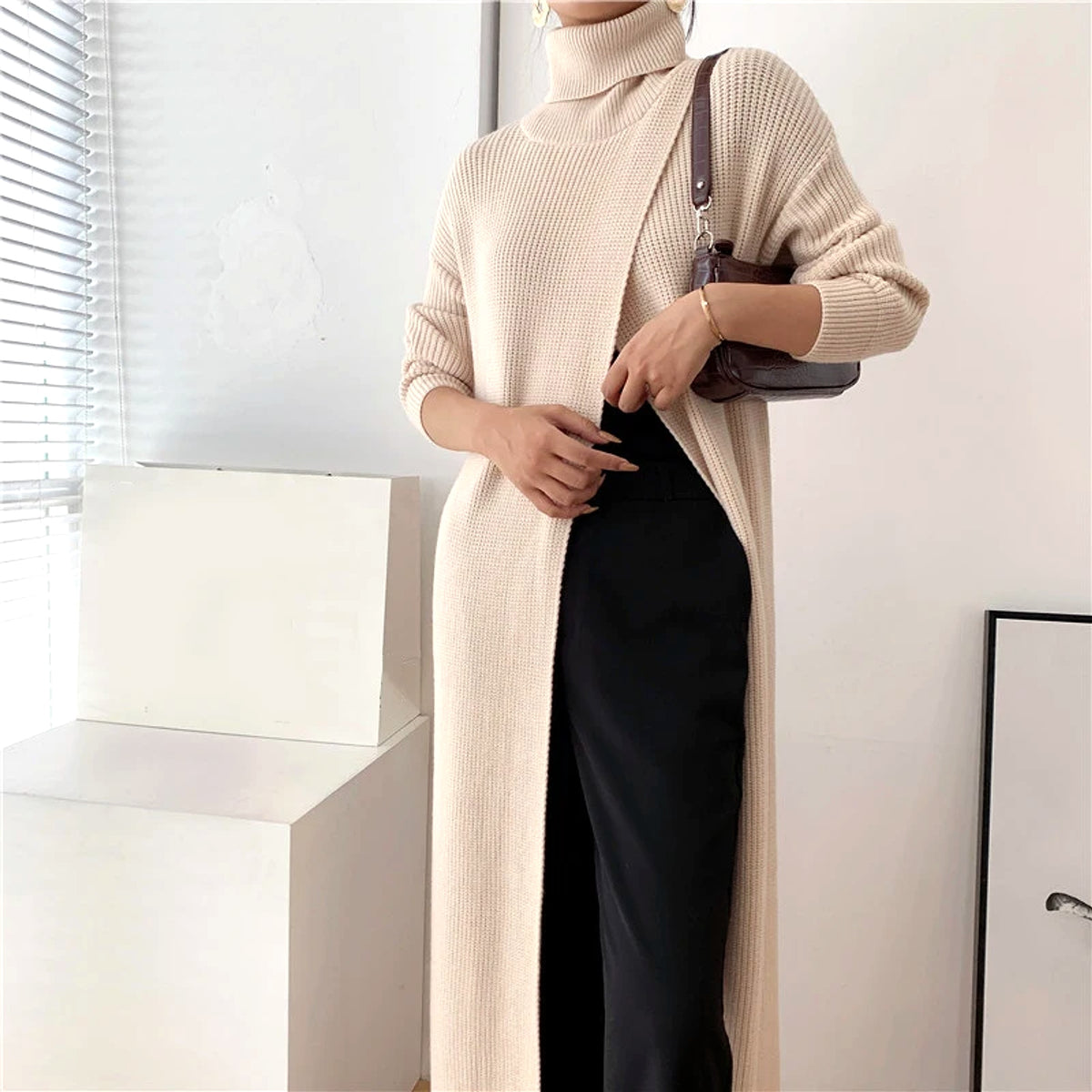 A.1 Long Knit Turtleneck Sweater Long Skirt Pullover Bottoming With Slits And Slim Fit - enhanced image 15