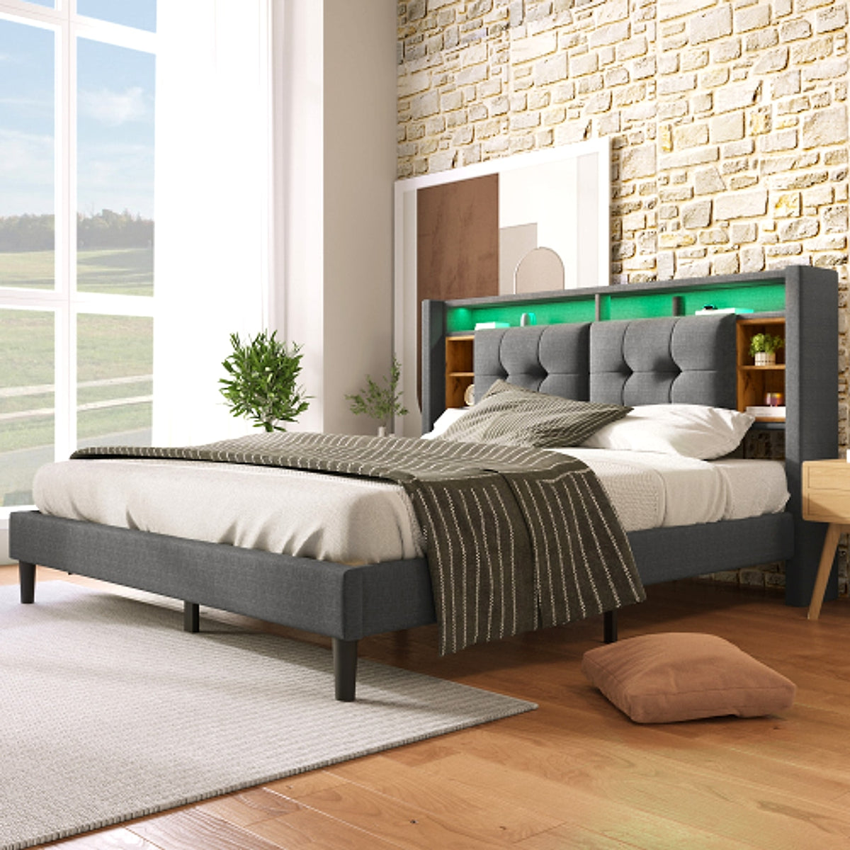 LuneluX_Home – Solid Wood Storage Bed with USB Charging Ports & LED Light (160×200 cm, Gray) - enhanced image 15