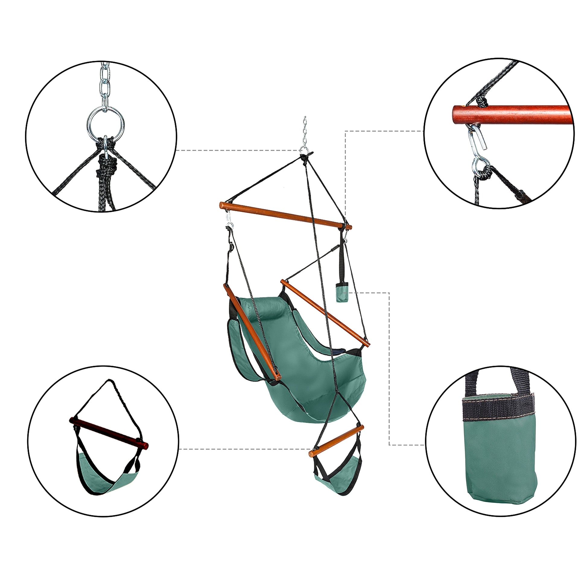 LuxeSwing™ – Oxford Hanging Chair with Wooden Bar & Cup Holder, Green (US Warehouse) - enhanced image 15