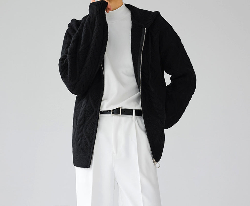 Men's Zipper Hooded Solid Color Loose Rhombus Plaid Coat - enhanced image 15