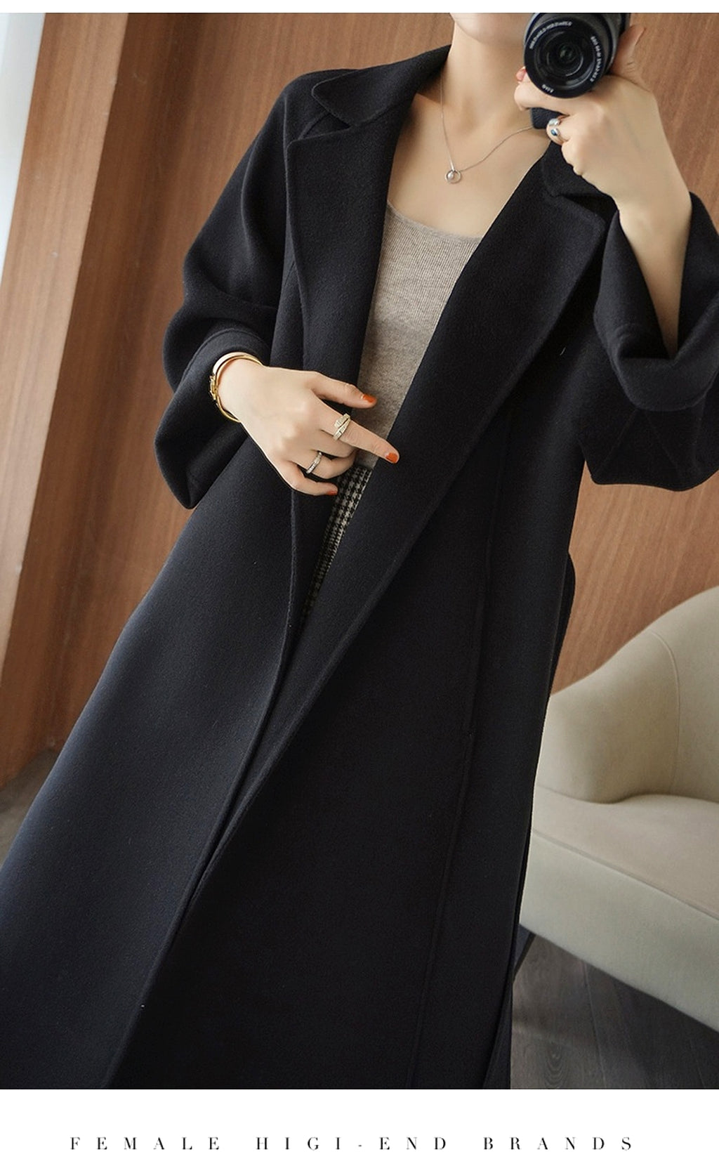 Reversible Cashmere Coat Women's Mid-length Loose Over Knee Coat - enhanced image 15