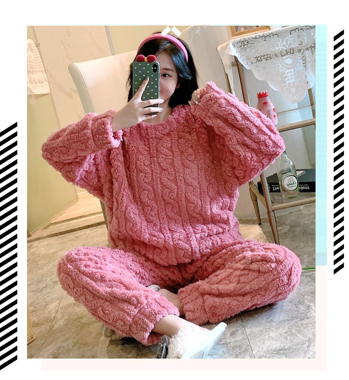 Thick Fleece Pajamas Women's Thermal Round-neck Flannel Homewear Suit - enhanced image 15