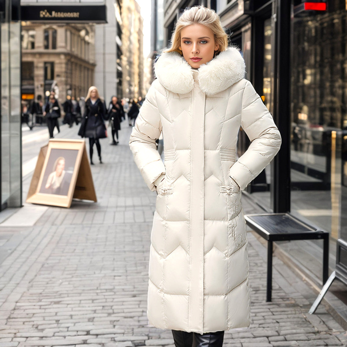 Winter Long Coat With Thickened Fur Collar Straight Slim Cotton-padded Jacket Women - enhanced image 15