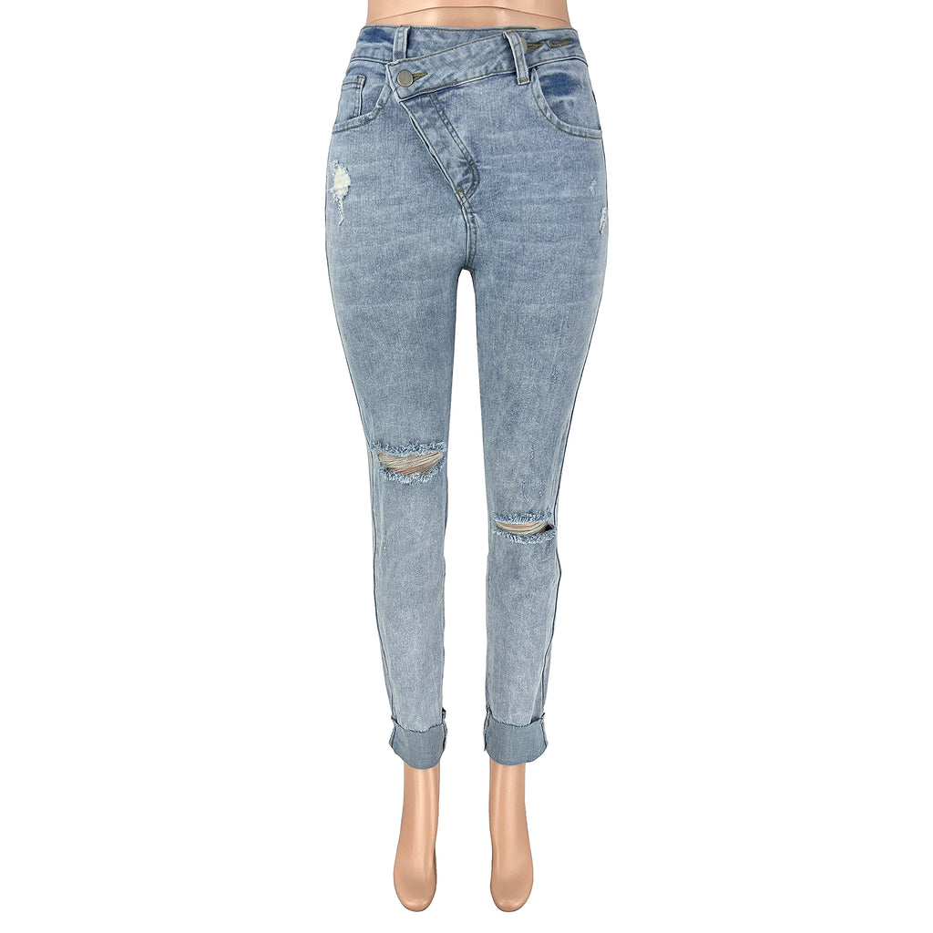 Women's Ripped Diagonal Buckle Stretch Jeans - enhanced image 15