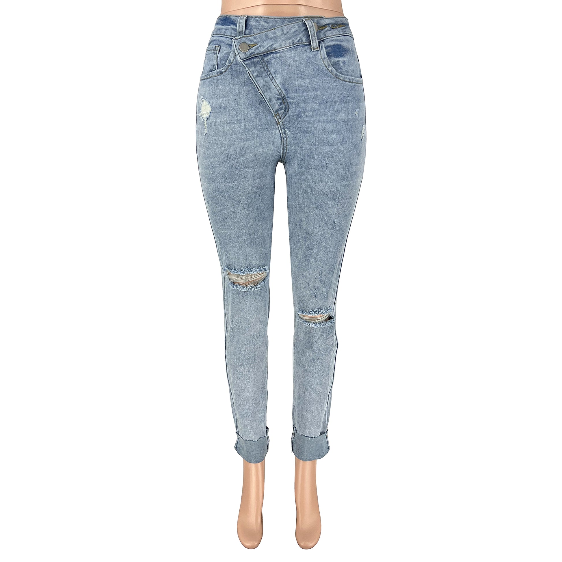 Women's Ripped Diagonal Buckle Stretch Jeans - enhanced image 15