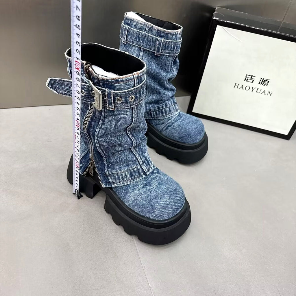 Boots Denim Fake Two Pieces Pile Style Boots Motorcycle Boots - enhanced image 16