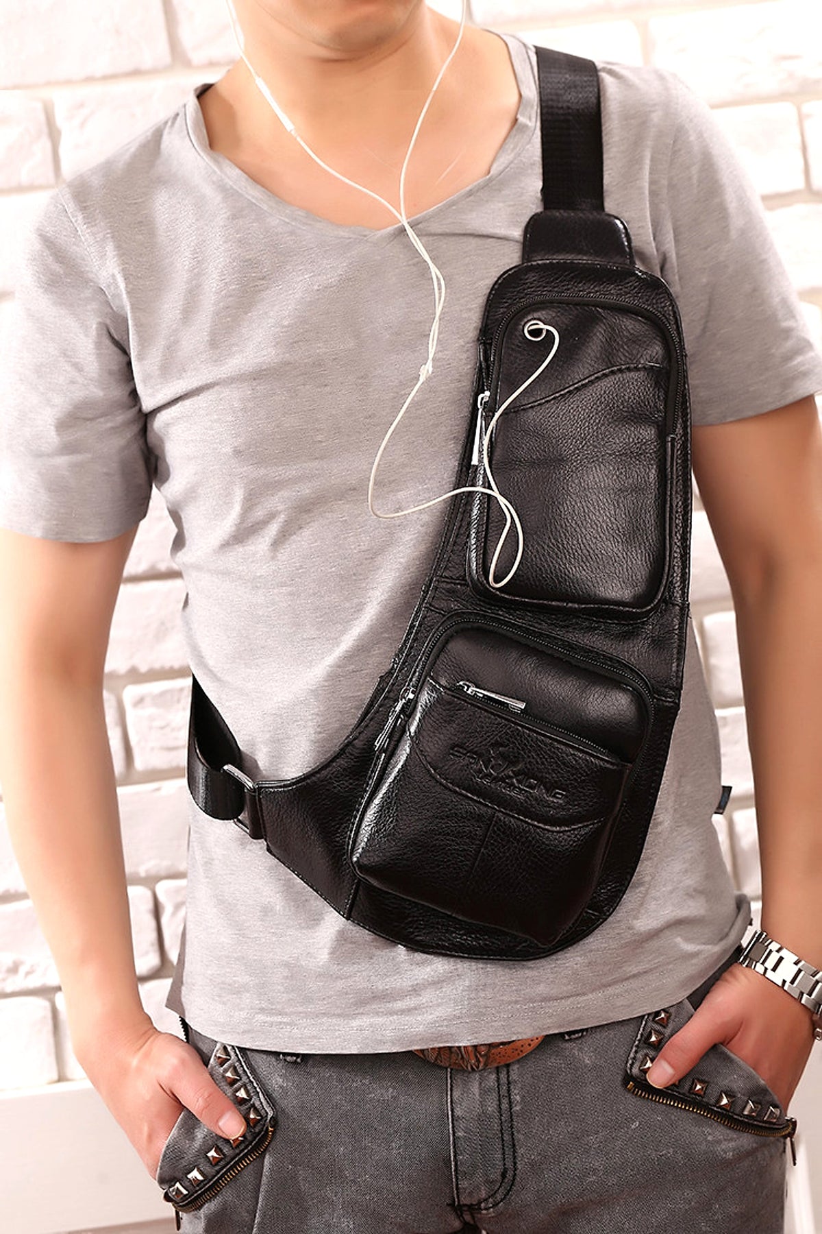 Leather Men's Chest Bag First Layer Cowhide Casual Satchel - enhanced image 16