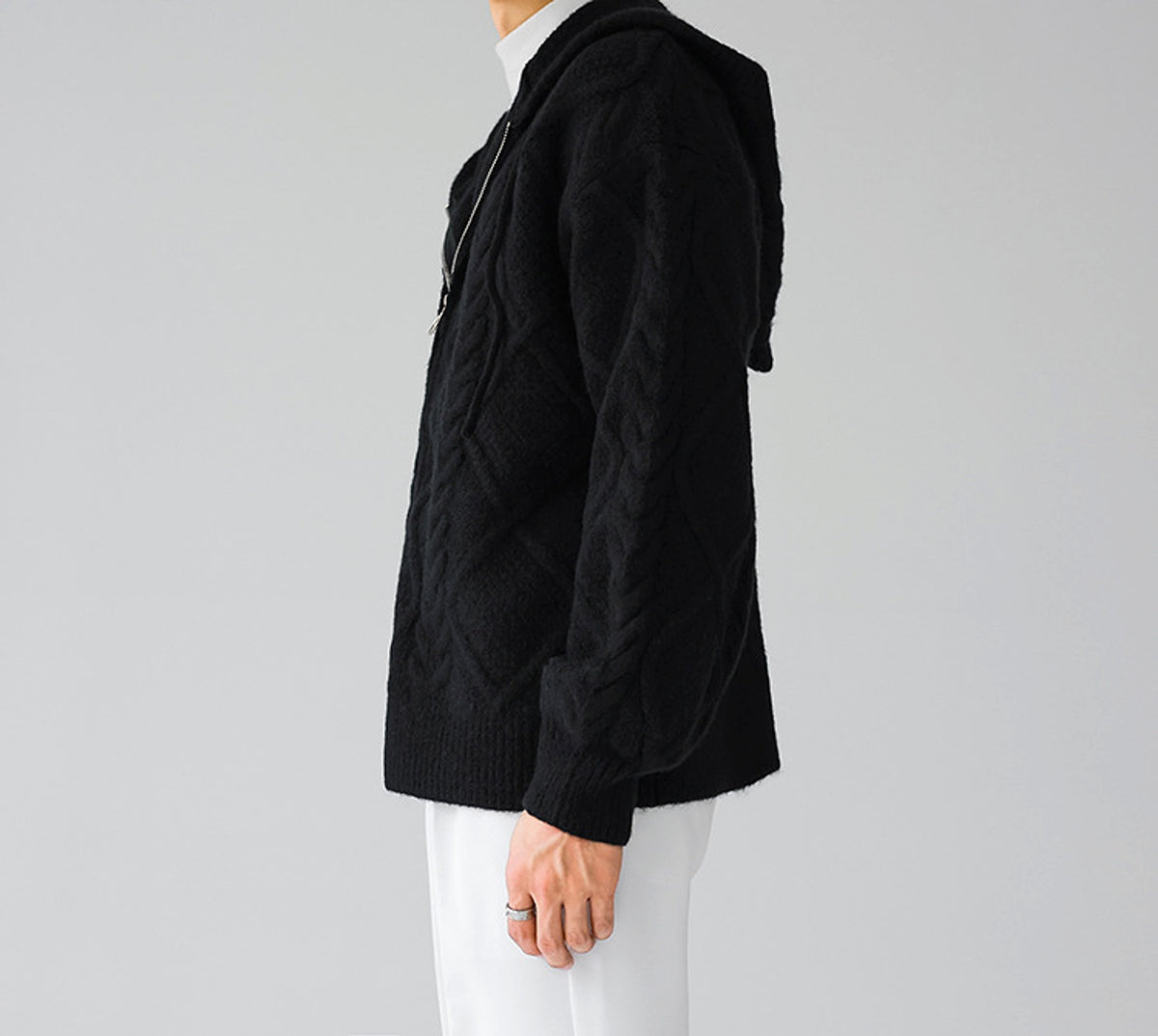 Men's Zipper Hooded Solid Color Loose Rhombus Plaid Coat - enhanced image 16