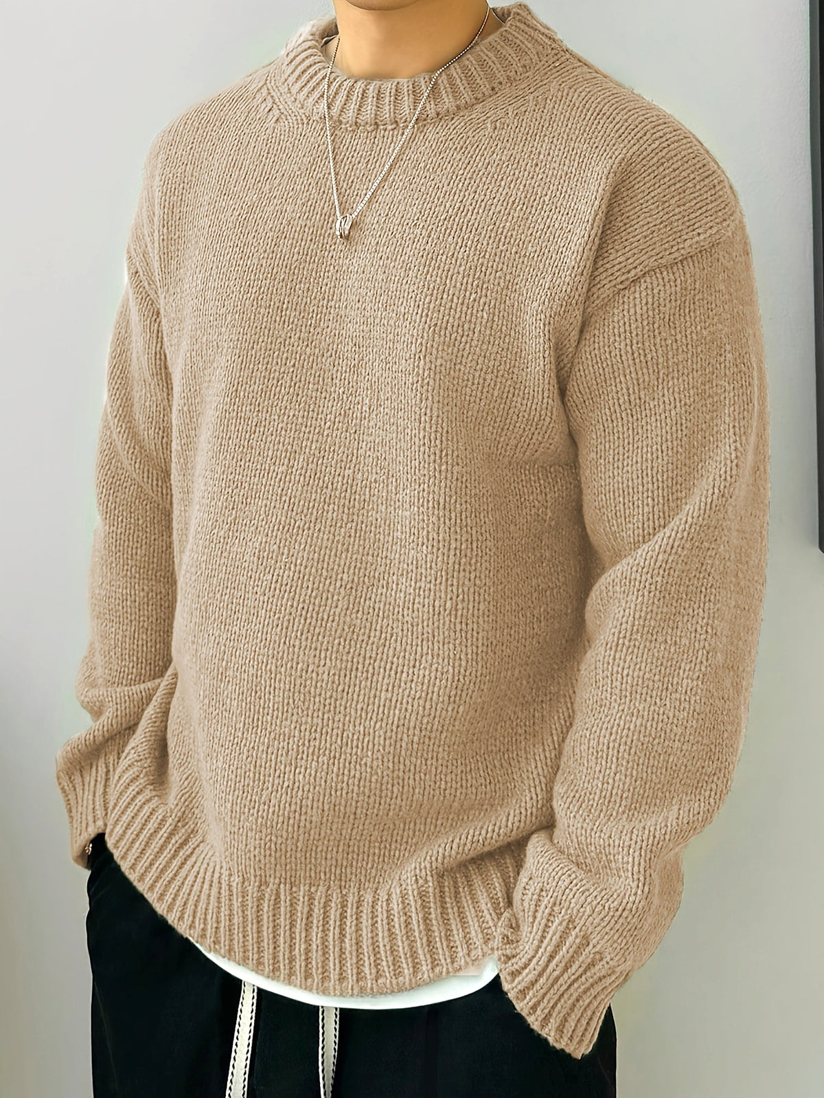 Solid Color Loose Knitted Pullover Leisure Japanese-style Retro Long Sleeve Round Neck Sweater Men - enhanced image 16