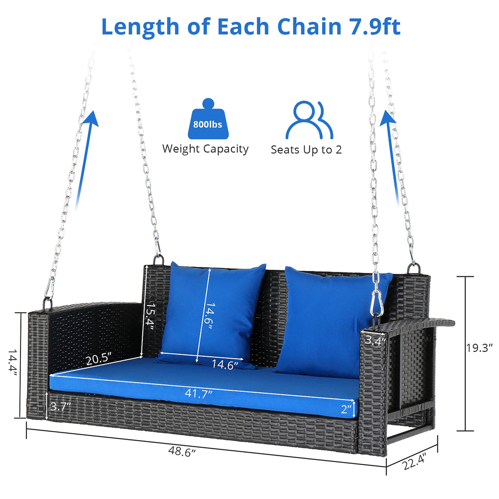 SolunaSwing™ – 4ft Black Rattan Hanging Chair with Blue Cushions - enhanced image 16