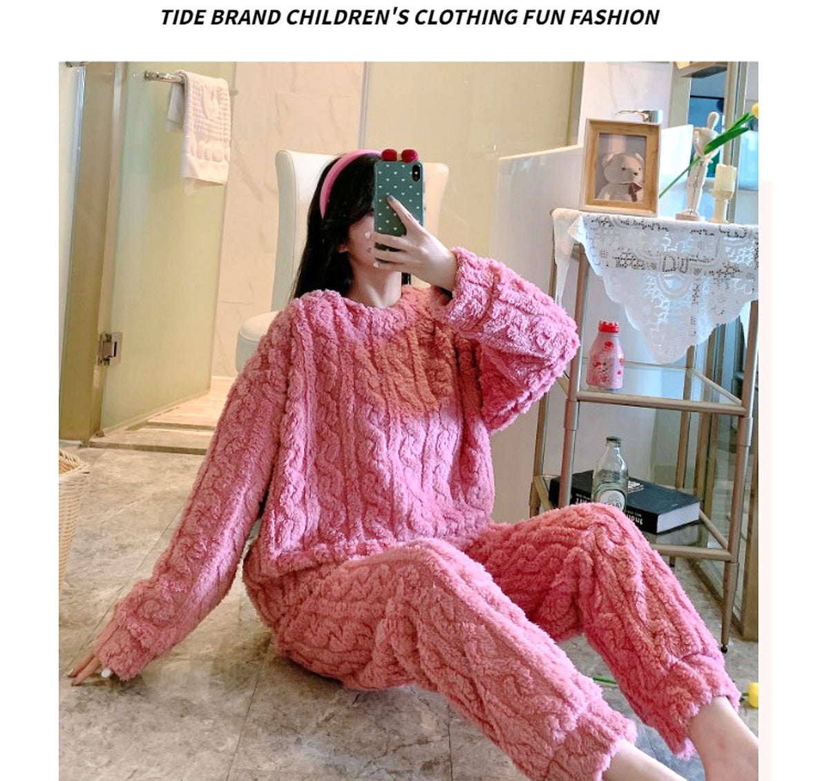 Thick Fleece Pajamas Women's Thermal Round-neck Flannel Homewear Suit - enhanced image 16