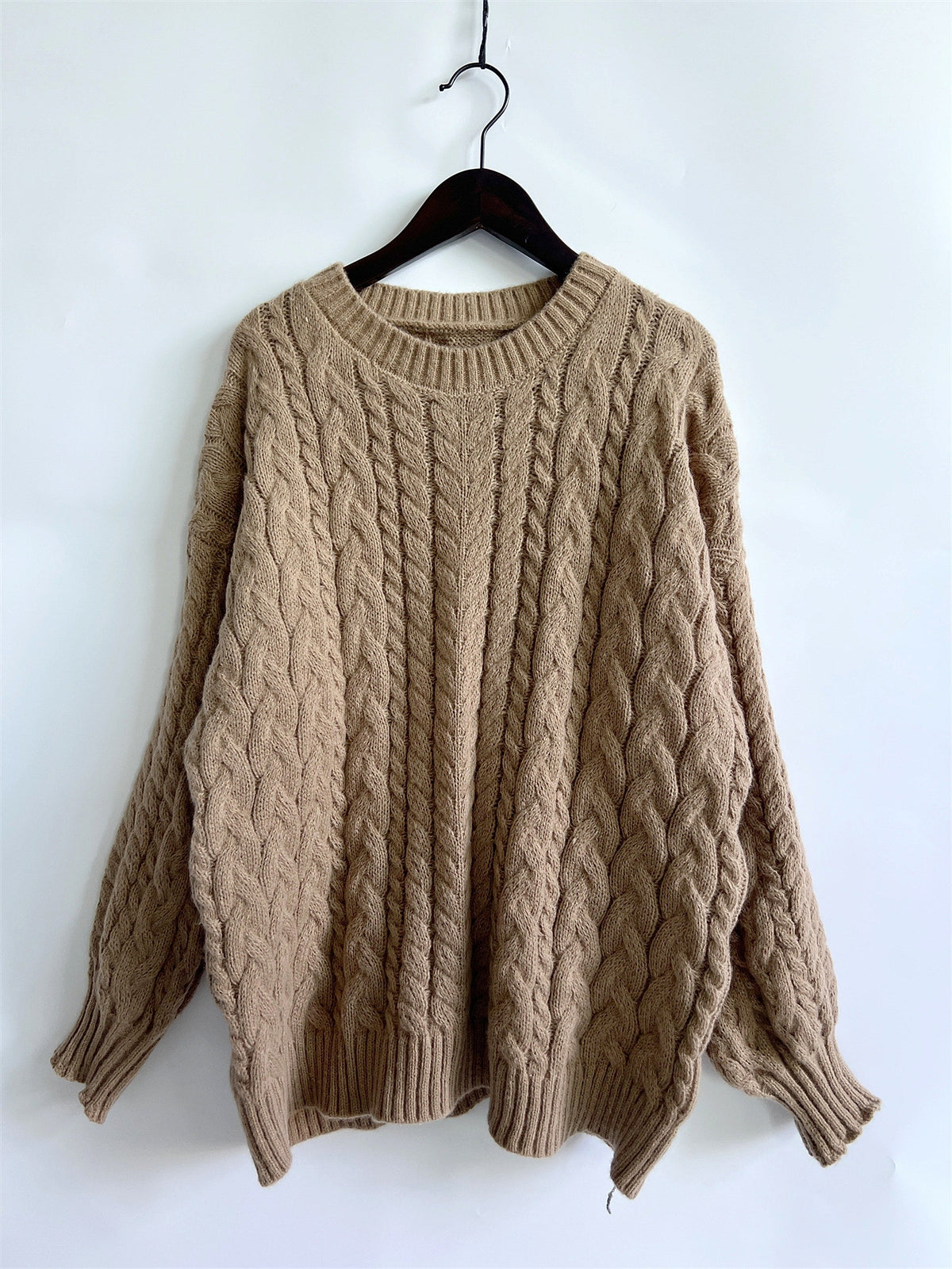 Vintage Vertical Stripes Twist Round Neck Long Sleeve Knitted Pullover Thick Needle Sweater For Women