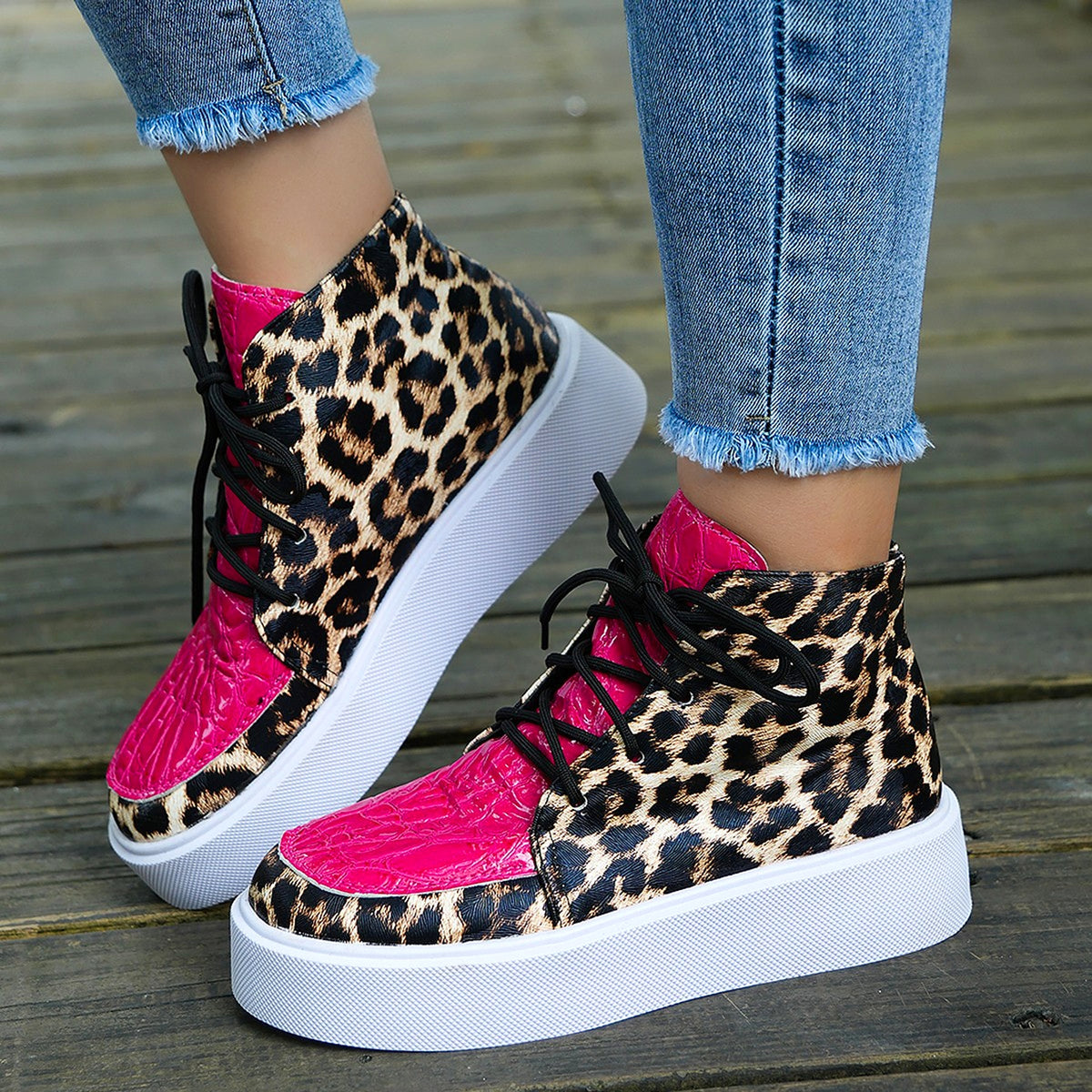 Autumn New High-top Leopard Print Flat-heeled Platform Lace Color Block Casual Women's Shoes - enhanced image 17