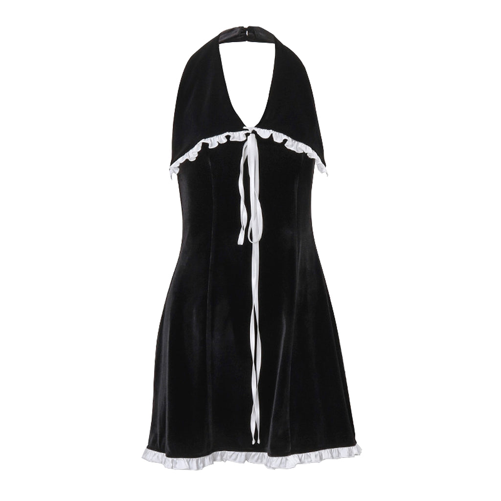 Flounce Trim Lace Up Backless Suede Slim-fit Halter Dress Women - enhanced image 17