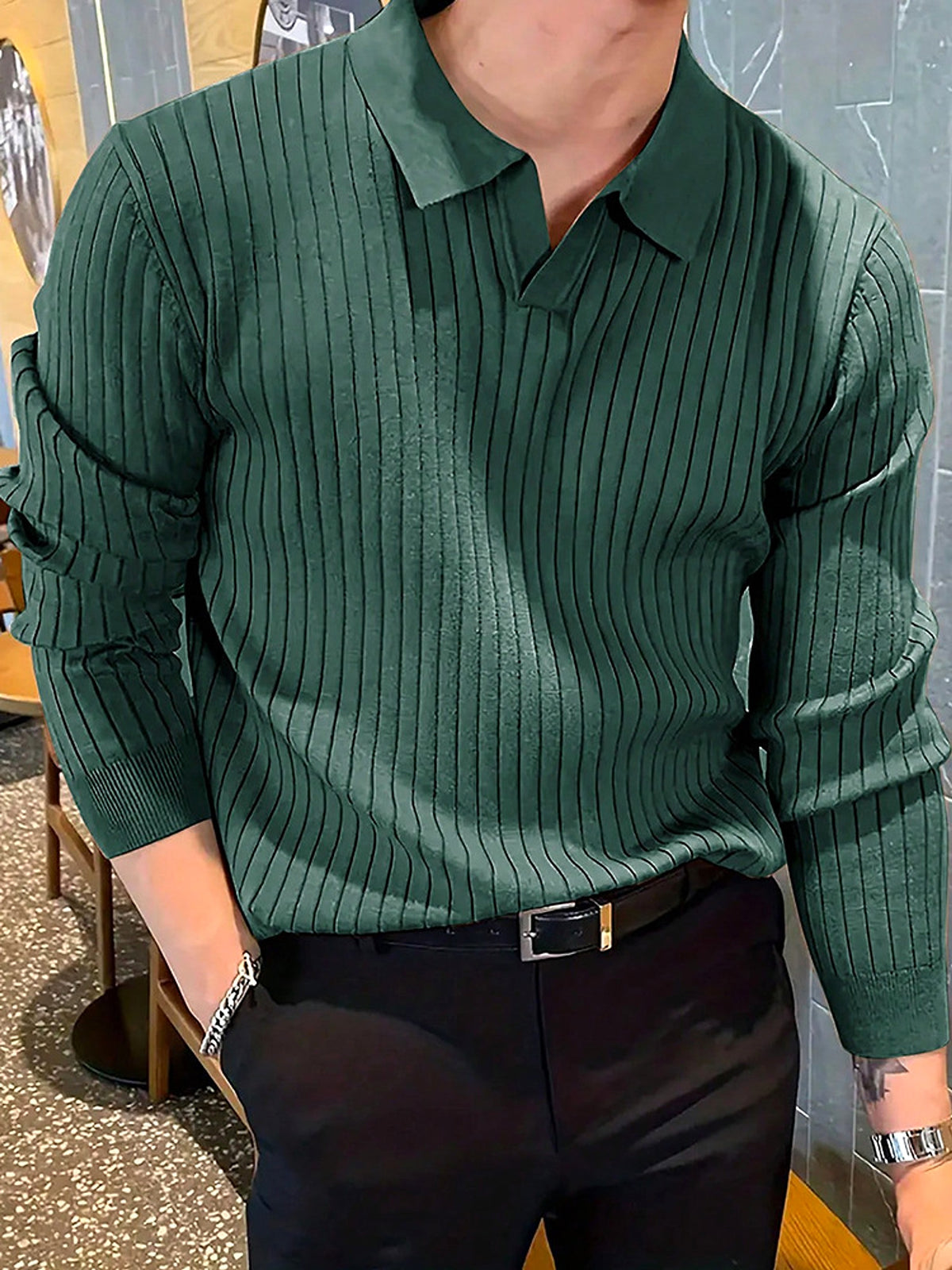 Lapel Texture Stretch Slim Knit Polo T-Shirt Men - enhanced image 17