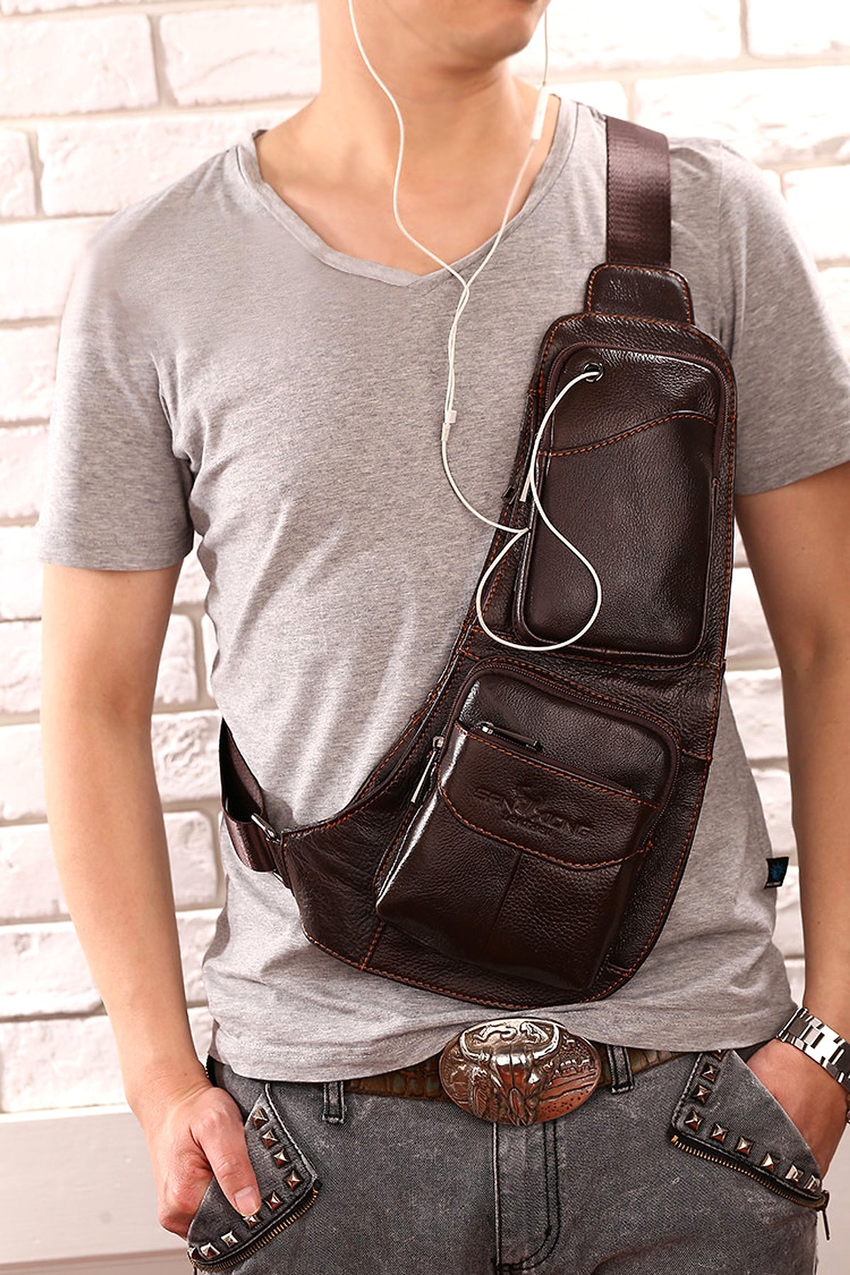 Leather Men's Chest Bag First Layer Cowhide Casual Satchel - enhanced image 17