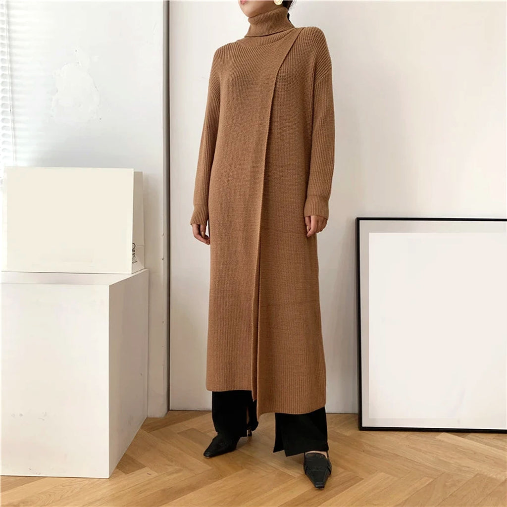 A.1 Long Knit Turtleneck Sweater Long Skirt Pullover Bottoming With Slits And Slim Fit - enhanced image 17