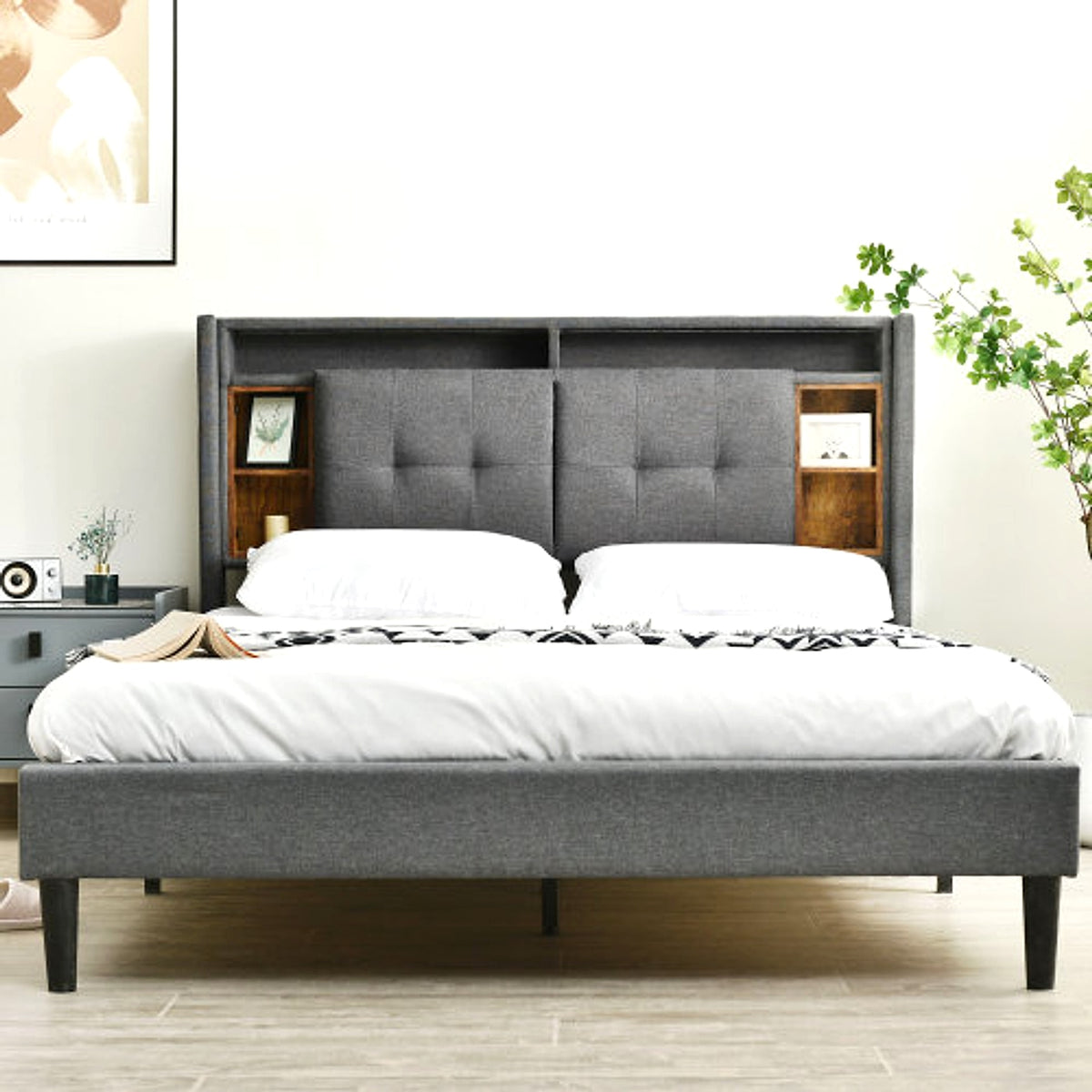 LuneluX_Home – Solid Wood Storage Bed with USB Charging Ports & LED Light (160×200 cm, Gray) - enhanced image 17