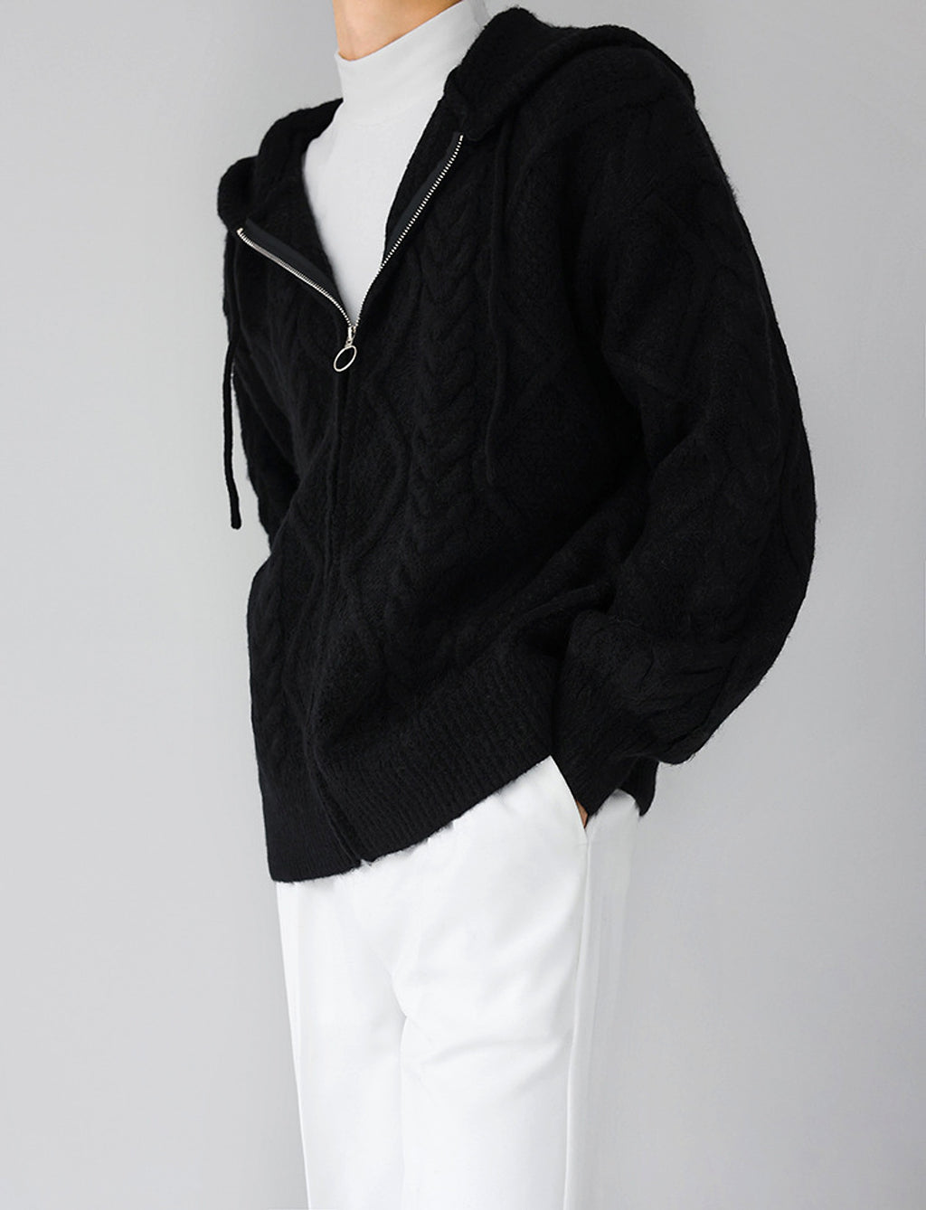 Men's Zipper Hooded Solid Color Loose Rhombus Plaid Coat - enhanced image 17