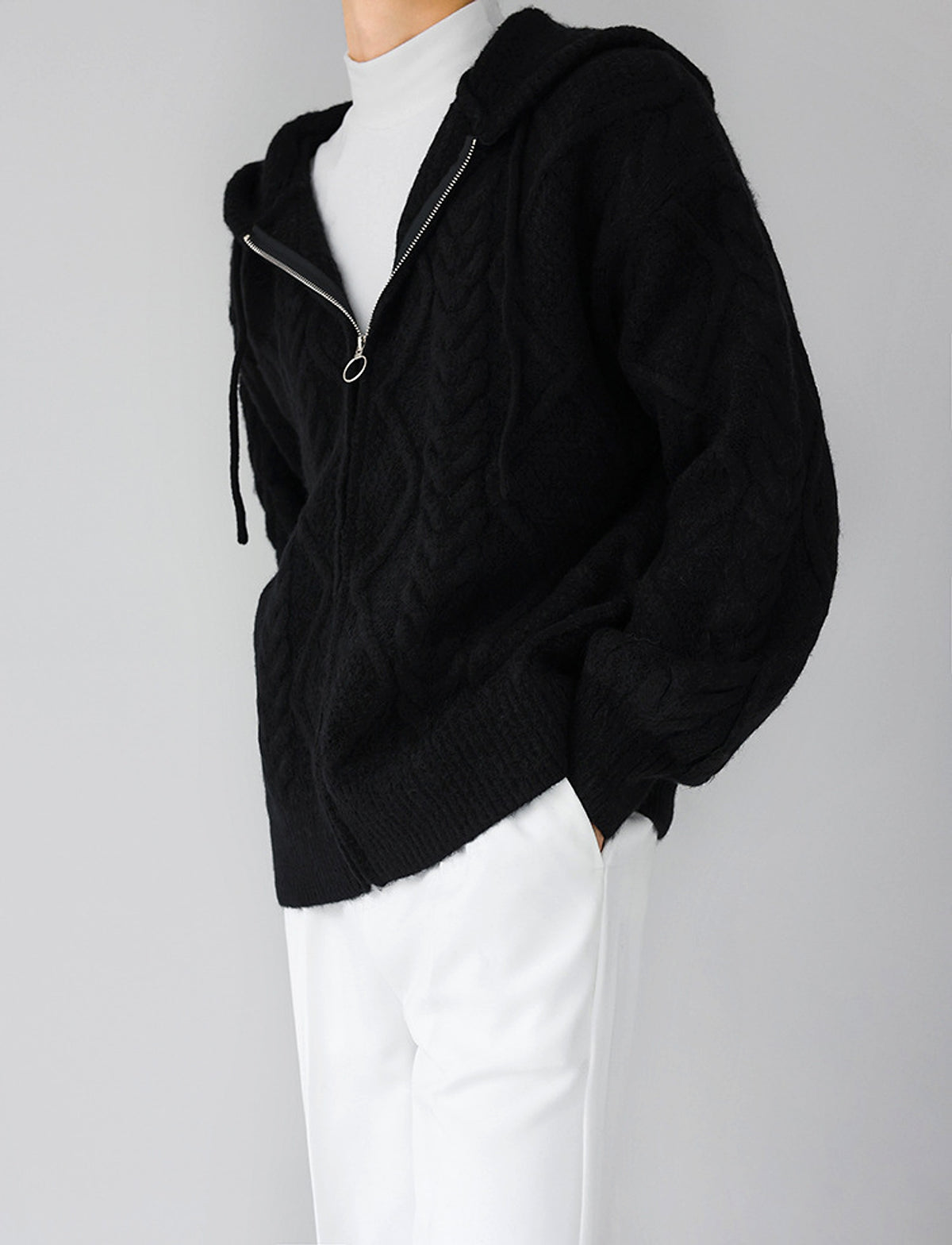 Men's Zipper Hooded Solid Color Loose Rhombus Plaid Coat - enhanced image 17