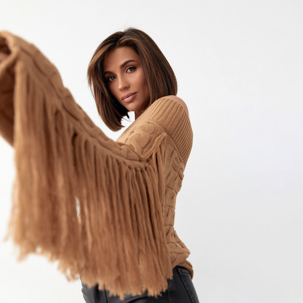 A Pure Color Elegant Style Woolen Tassel Design Sweater  Women - enhanced image 17