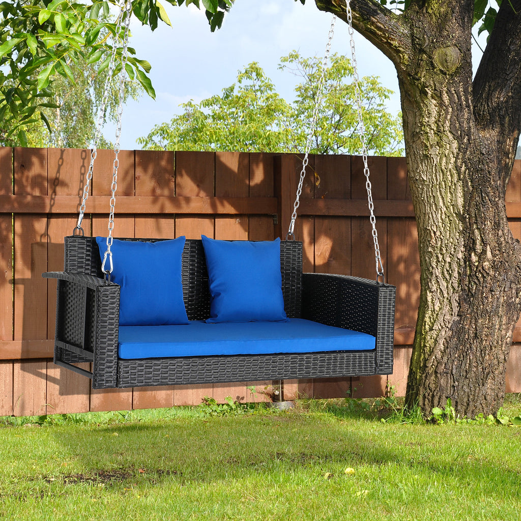 SolunaSwing™ – 4ft Black Rattan Hanging Chair with Blue Cushions - enhanced image 17