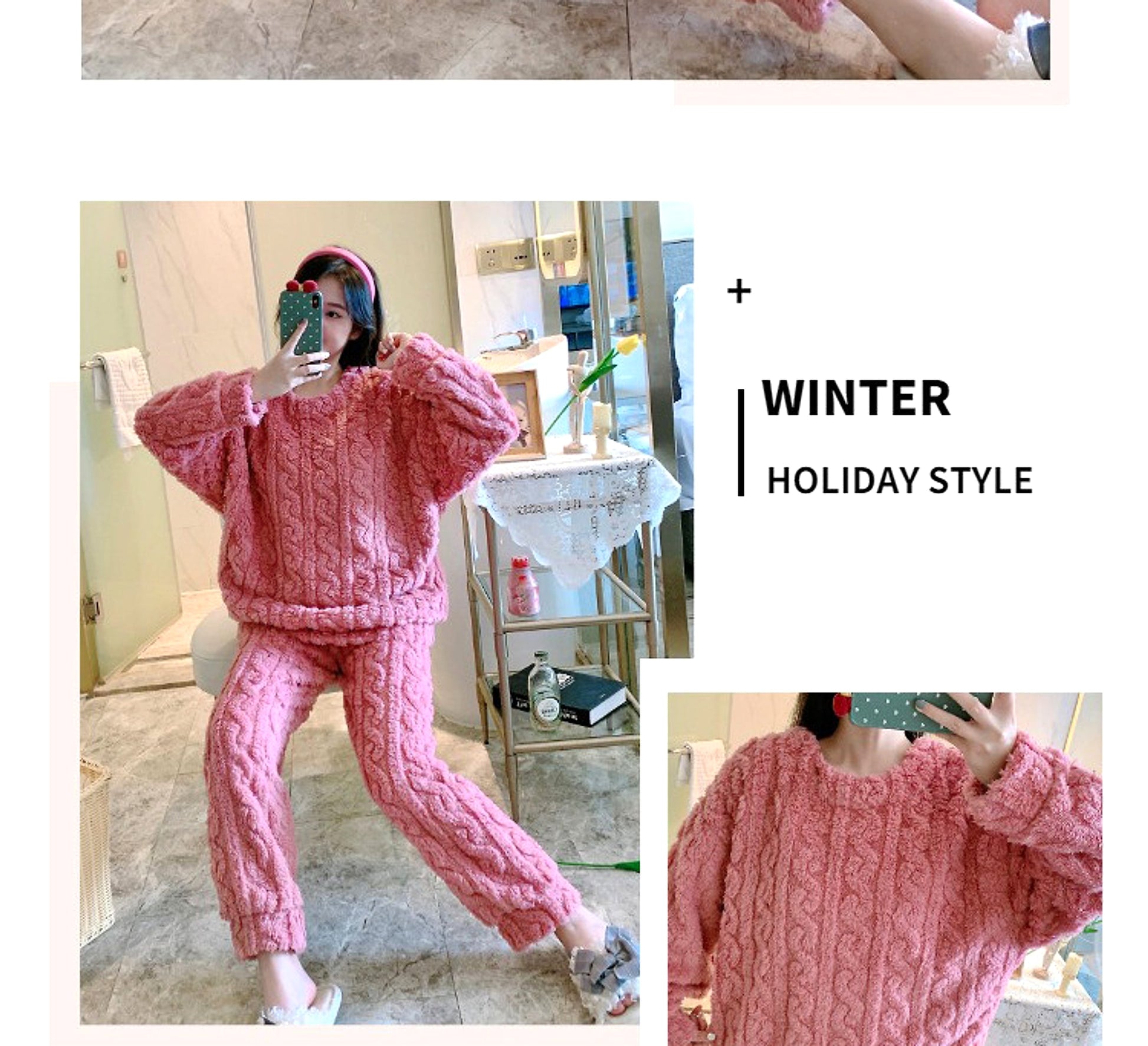 Thick Fleece Pajamas Women's Thermal Round-neck Flannel Homewear Suit - enhanced image 17