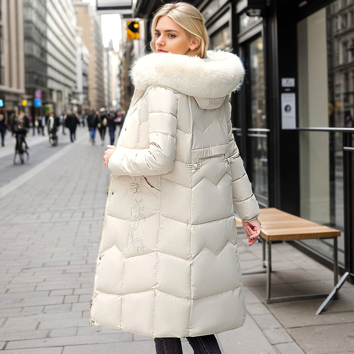 Winter Long Coat With Thickened Fur Collar Straight Slim Cotton-padded Jacket Women - enhanced image 17