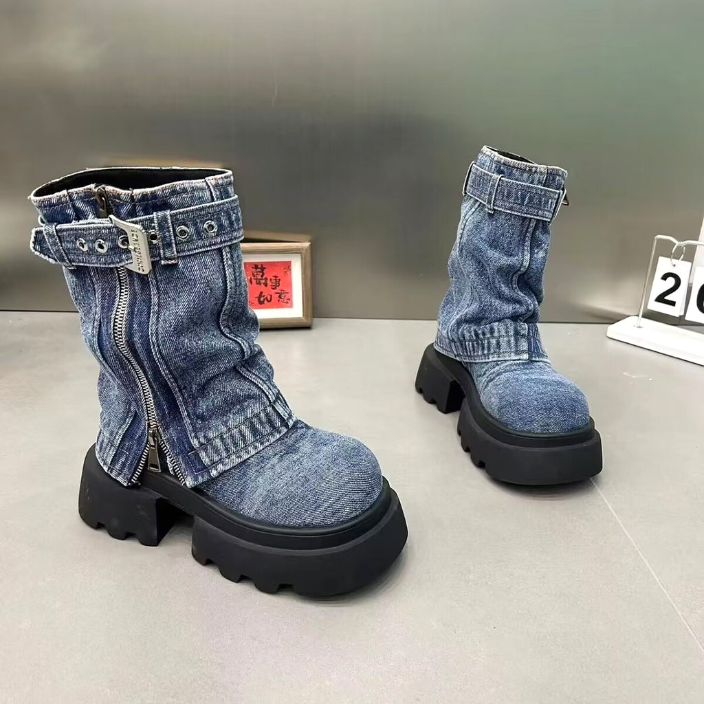 Boots Denim Fake Two Pieces Pile Style Boots Motorcycle Boots - enhanced image 18