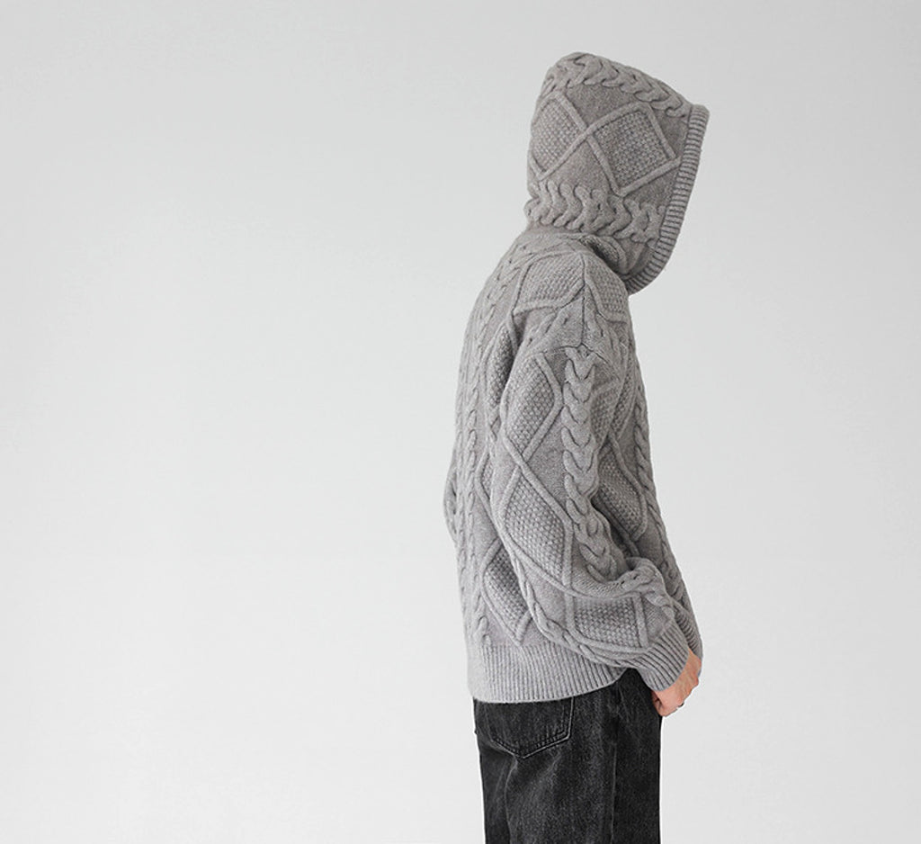 Men's Zipper Hooded Solid Color Loose Rhombus Plaid Coat - enhanced image 18
