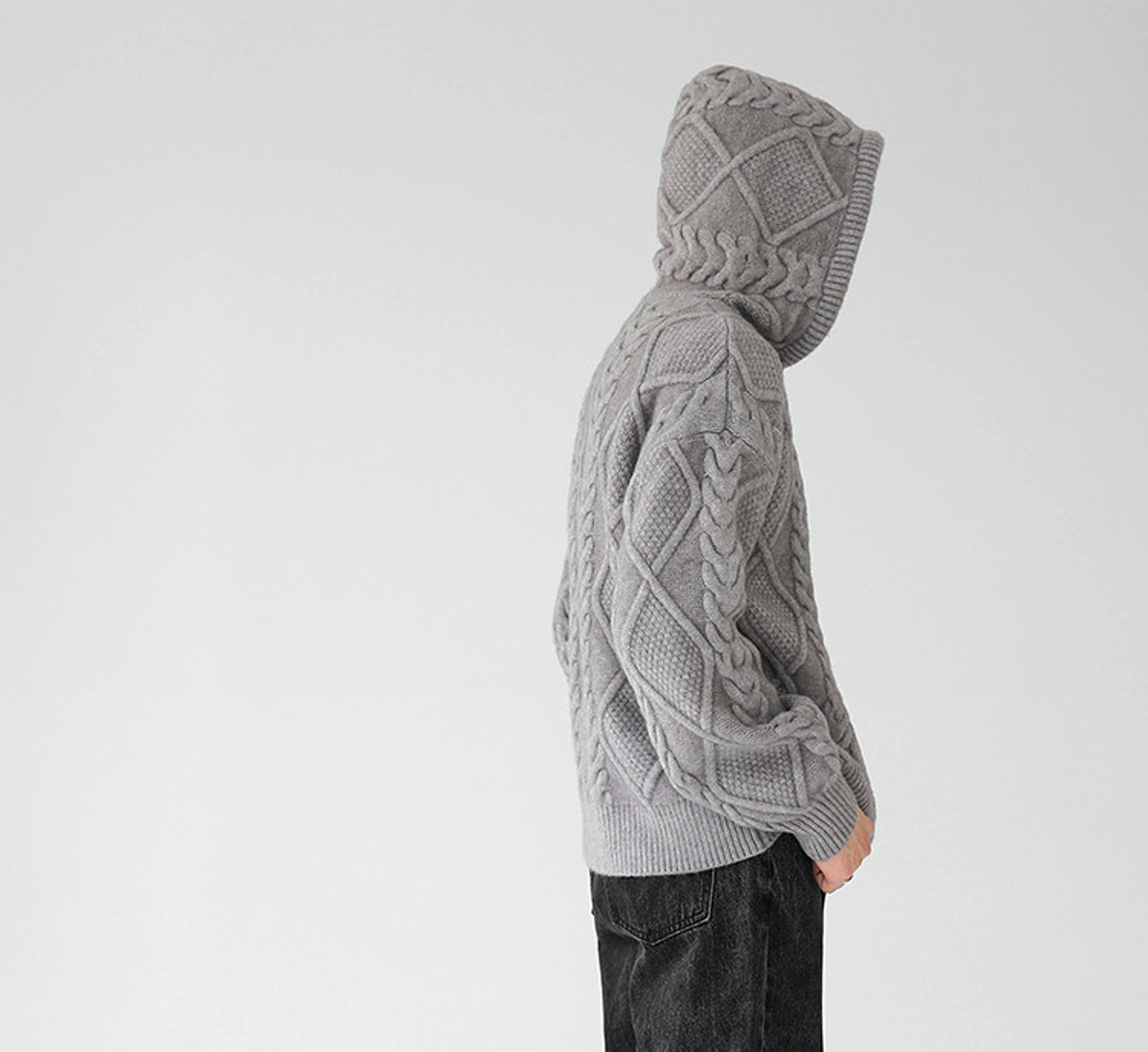 Men's Zipper Hooded Solid Color Loose Rhombus Plaid Coat - enhanced image 18