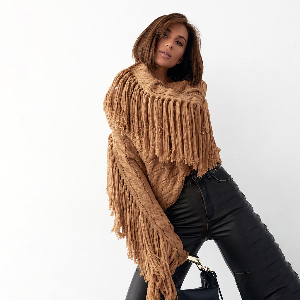 A Pure Color Elegant Style Woolen Tassel Design Sweater  Women - enhanced image 18
