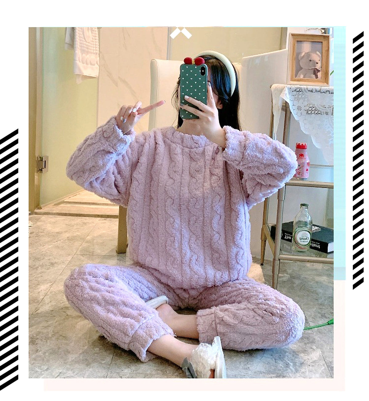 Thick Fleece Pajamas Women's Thermal Round-neck Flannel Homewear Suit - enhanced image 18
