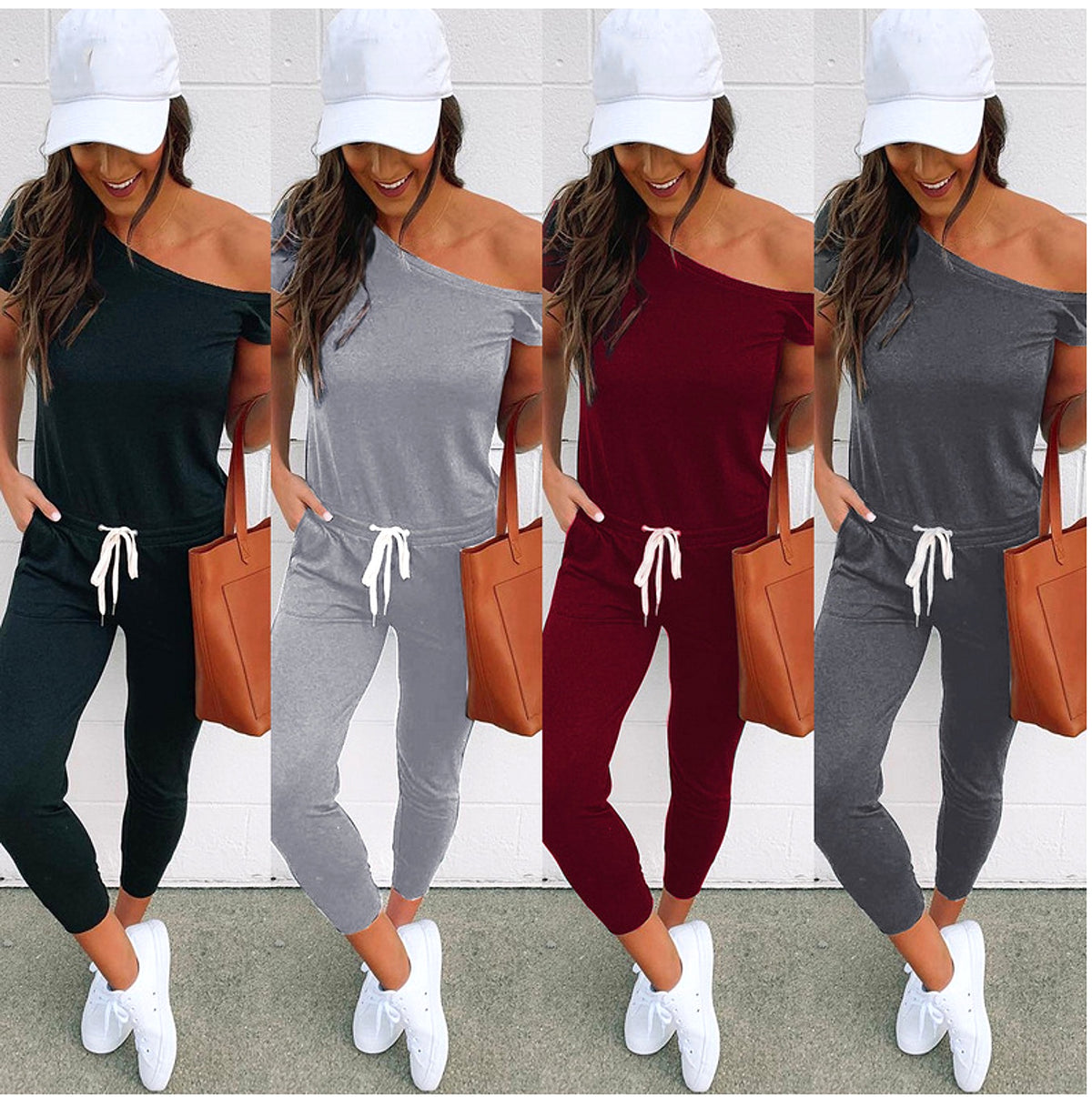 Women's Off-the-shoulder Short-sleeved Pocket Lace-up Shoulder Jumpsuit - enhanced image 18