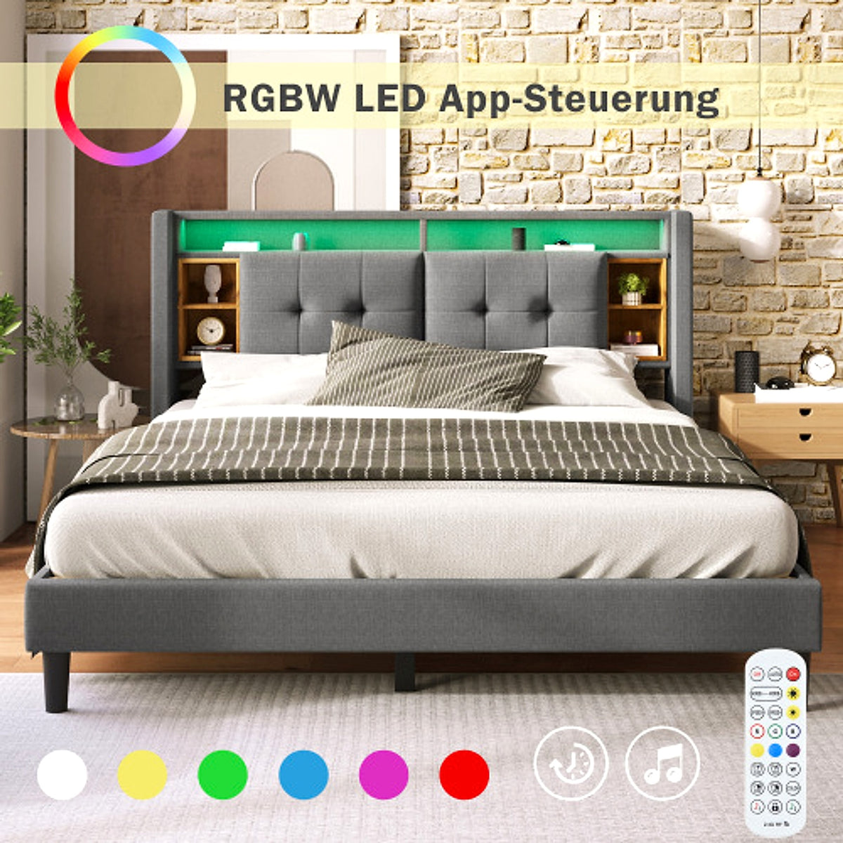 LuneluX_Home – Solid Wood Storage Bed with USB Charging Ports & LED Light (160×200 cm, Gray) - enhanced image 19