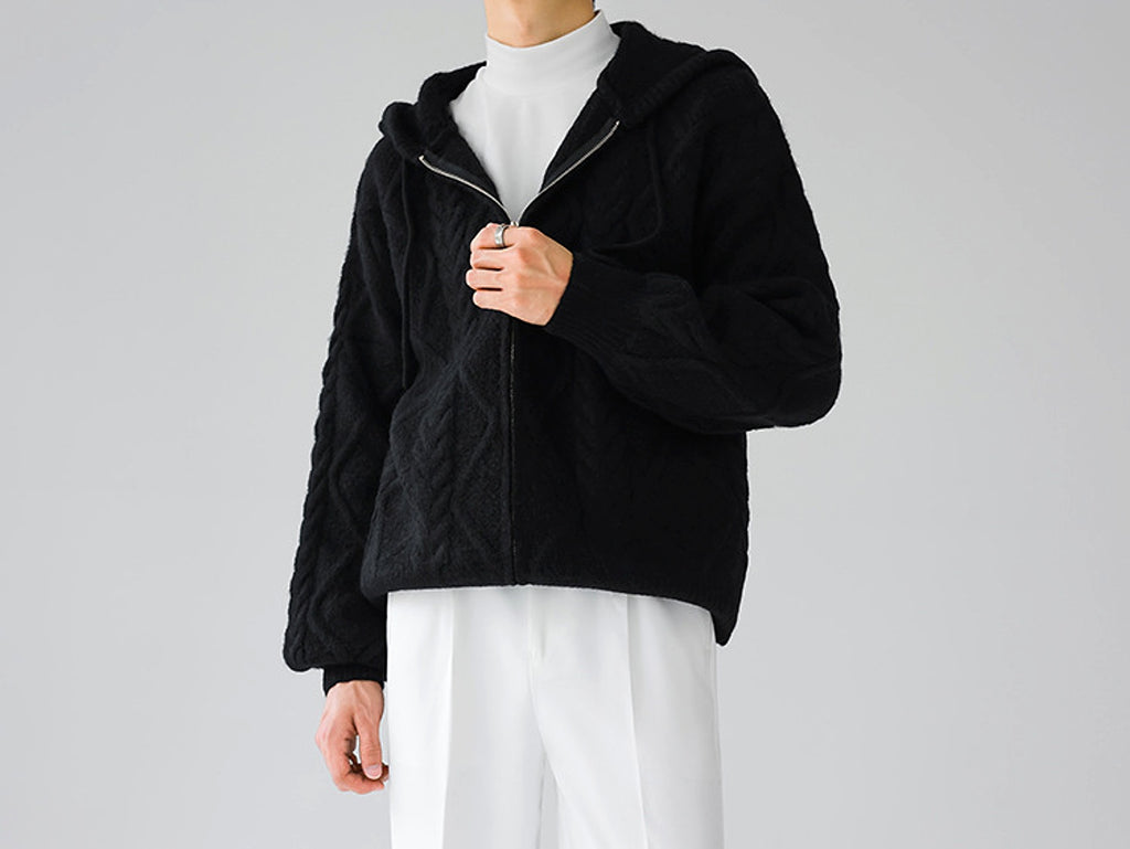 Men's Zipper Hooded Solid Color Loose Rhombus Plaid Coat - enhanced image 19
