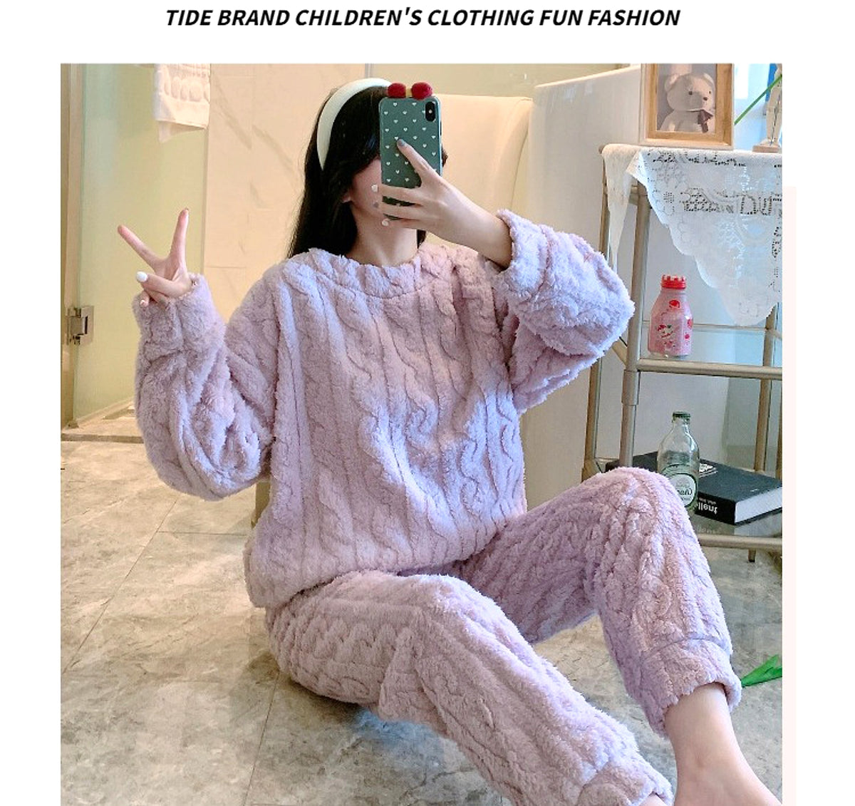 Thick Fleece Pajamas Women's Thermal Round-neck Flannel Homewear Suit - enhanced image 19