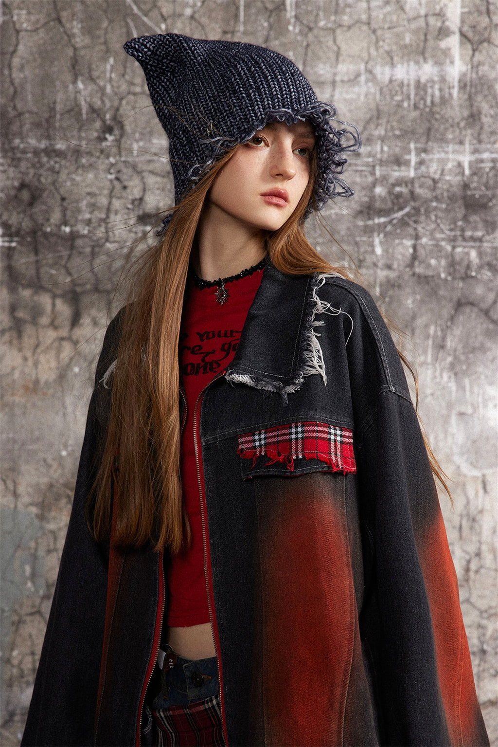 A1. Color Matching Cat Raw-cut Edges Washed And Worn Loose Lapels Coat Fashion - enhanced image 20