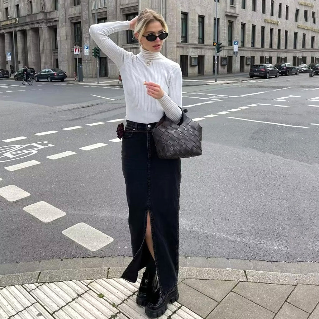 A1. Front Slit Hem Lock Street Denim Skirt - enhanced image 20