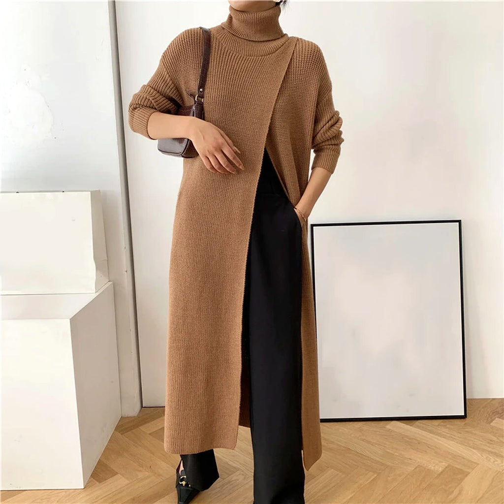 A.1 Long Knit Turtleneck Sweater Long Skirt Pullover Bottoming With Slits And Slim Fit - enhanced image 20