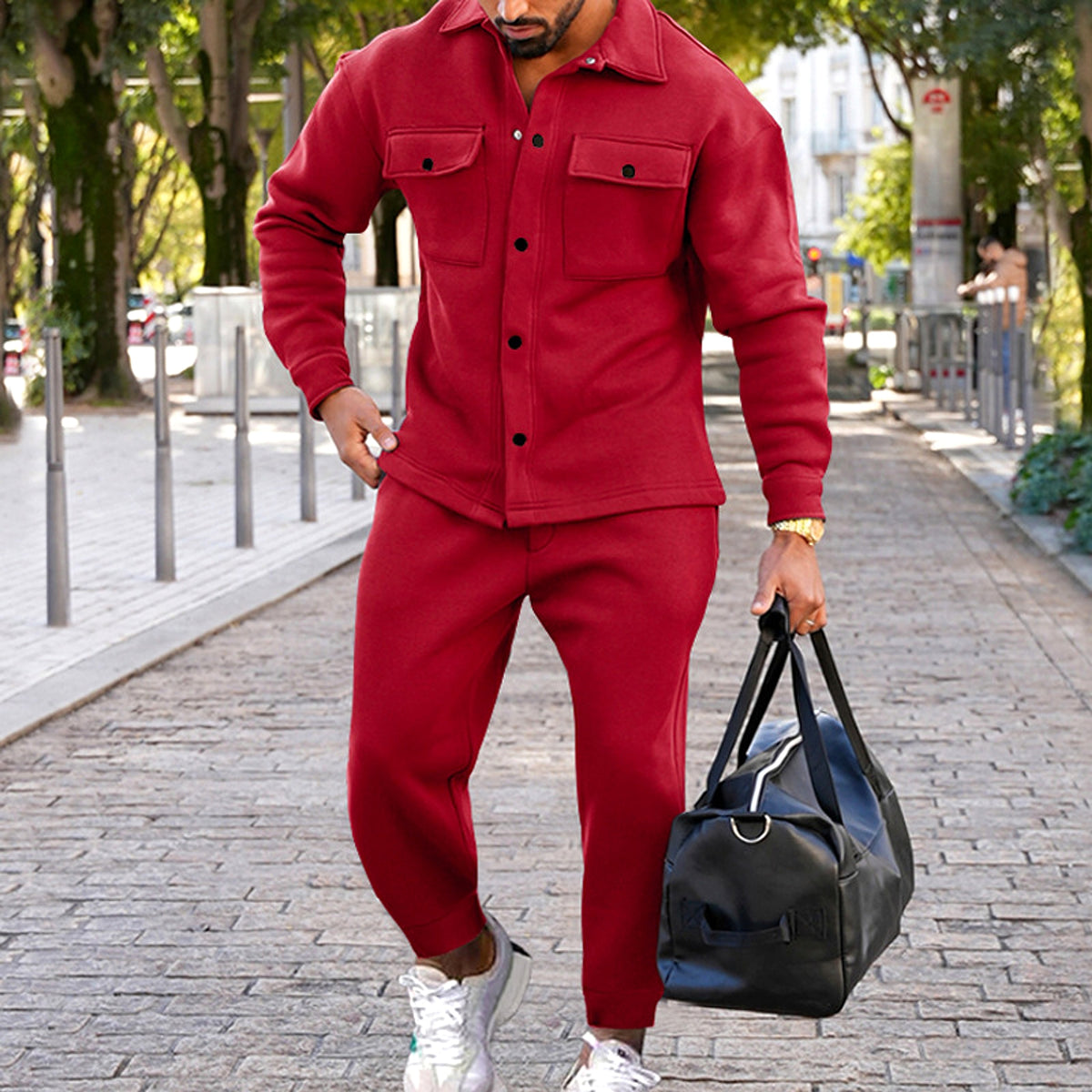 A Suede Single-breasted Solid Color Slim Fit Two-piece Suit Men (Tracksuit) - enhanced image 20