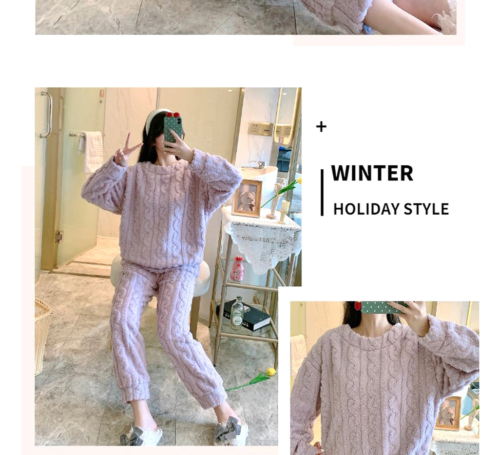 Thick Fleece Pajamas Women's Thermal Round-neck Flannel Homewear Suit - enhanced image 20